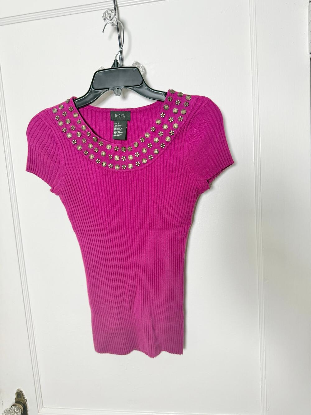 Vintage Y2K RQT Ribbed Knit Beaded Babydoll Tight Shirt Size Small Stretch Pink